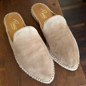 Pinaz Made in Spain Brushed Suede Leather  Tan Neutral Espadrille Mules Sz 38